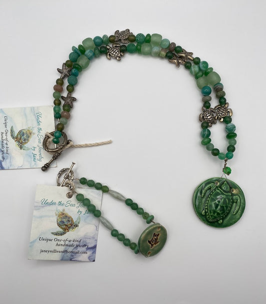 Green Sea Turtles Ceramic Sea Glass Matching Necklace & Bracelet