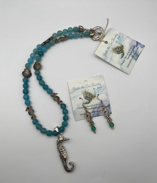 Blue Agate Seahorse Necklace & green agate seahorse earrings