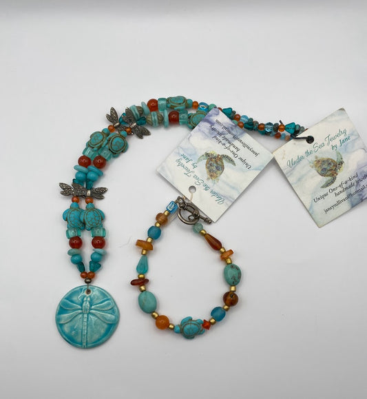 Turquoise Carnelian Dragonfly necklace & matching turquoise bracelet