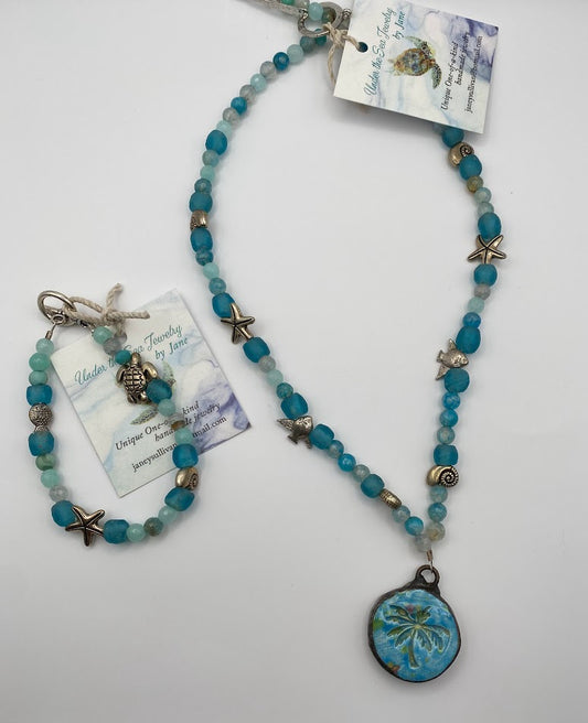 Aqua Palm Tree Seaglass  and Agate necklace & matching bracelet