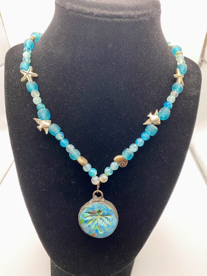 Aqua Palm Tree Seaglass  and Agate necklace & matching bracelet