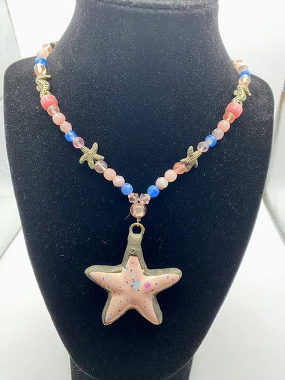 Pink Starfish and blue & pink agate necklace & matching bracelet