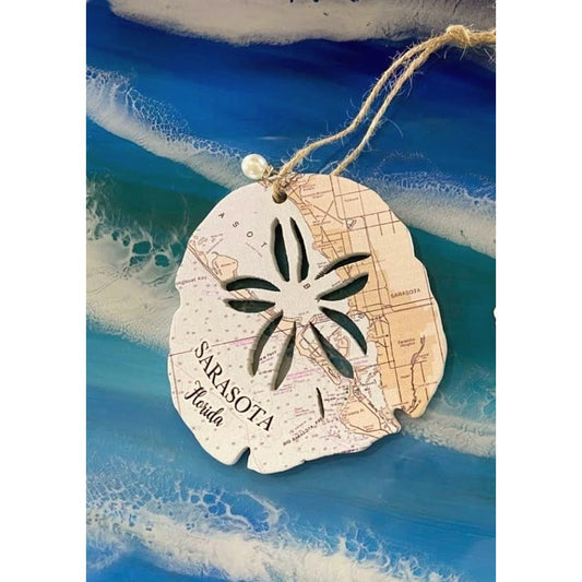 Sand Dollar Wood Ornament - Sarasota nautical map