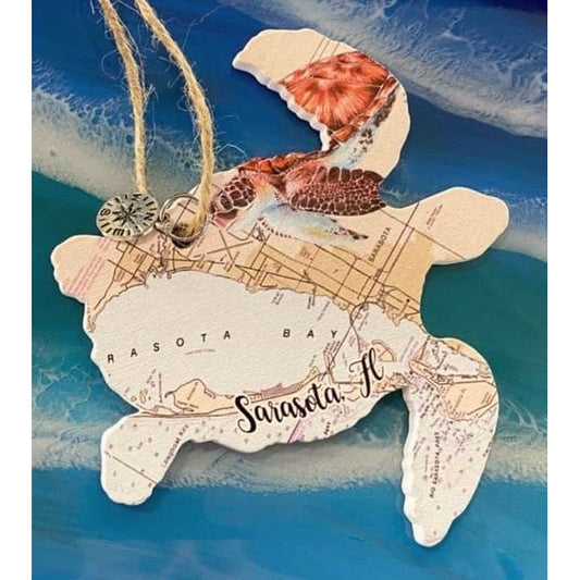 Turtle Wood Ornament - Sarasota nautical map