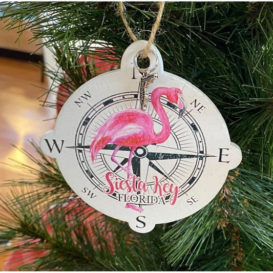 Siesta Key Flamingo Wood Ornament - Compass